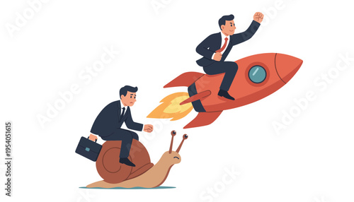 Businessman riding snail with another man on rocket in cartoon illustration