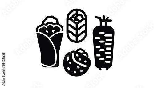 A black and white illustration of various street food icons together
