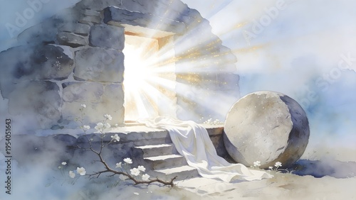 Watercolor painting depicts the empty tomb bathed in radiant divine light symbolizing resurrection and new life