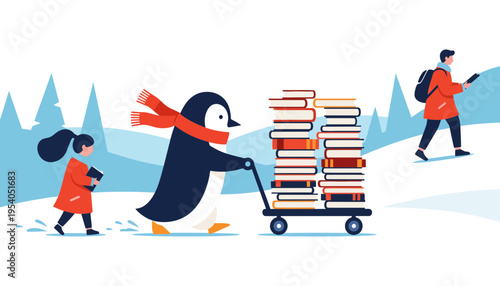 A penguin pushing a cart of books in a winter scene illustration