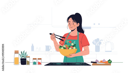 A woman in a kitchen preparing a healthy salad with fresh vegetables