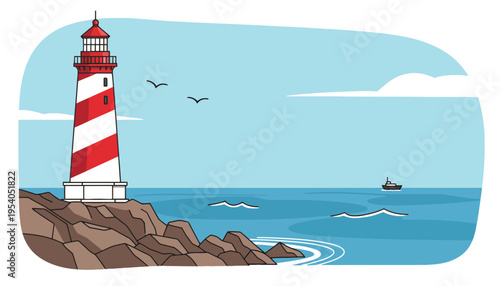 A red and white lighthouse standing on rocky coastline by ocean