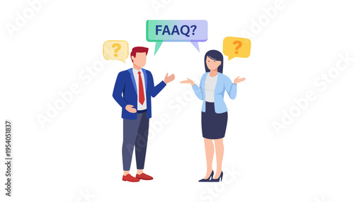 A confused businessman and woman discussing frequently asked questions