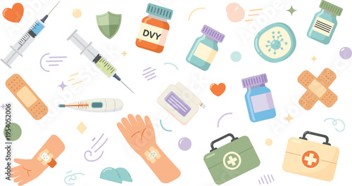Medical Vaccination and Healthcare Vector Set with Syringes, Vaccine Bottles, Bandages, First Aid Kit, Thermometer, and Immunization Elements for Health Design.