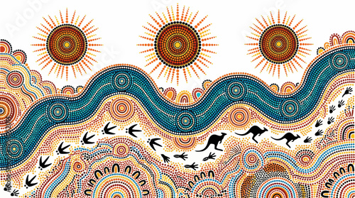 Vibrant Australian Aboriginal inspired vector illustration of kangaroos and birds