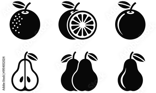 Black and white vector graphic illustration of various fruit icons including oranges and pears