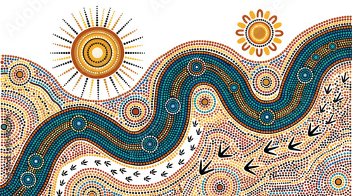 Vibrant dot painting of wavy lines and suns in Aboriginal style design