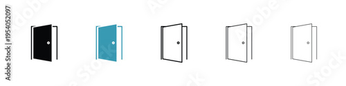 Open door icon in line art style on white background for graphic and web design.