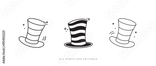 Hand drawn striped top hat Icon collection with sparkles monochrome doodles for kids costume and party design or or magic wizard top hat doodle Vector Icon Vector illustration