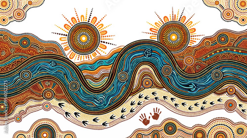 Vibrant Aboriginal inspired dot painting with wavy lines and sun motifs design