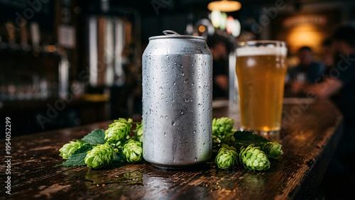 Blank aluminum soda can mockup with cold condensation water drops