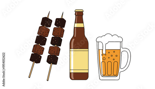 A bottle of beer and a mug of beer with chocolate skewers