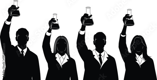 Silhouette of Scientists Holding Laboratory Flasks High in Celebration of Medical Research Success Discovery Pharmacy Development and Scientific Innovation Excellence