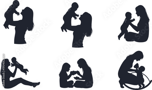Mother and Baby Silhouette Vector Set with Mom Holding Infant, Playing, Sitting, Caring, and Bonding Moments for Parenting and Family Design.