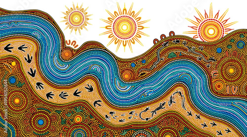 Vibrant dot painting of a winding river with suns and wildlife designs
