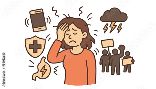 Stress woman with headache and many problems around her head