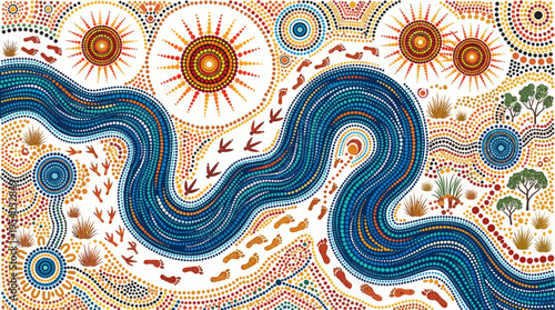 Vibrant dot painting artwork depicting Australian Aboriginal culture and landscape scenes