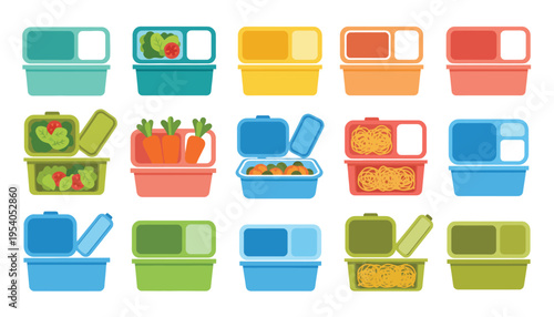 Lunchbox vector icons with various colorful food containers and compartments