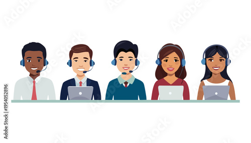 Customer service team with diverse employees wearing headsets and working on laptops