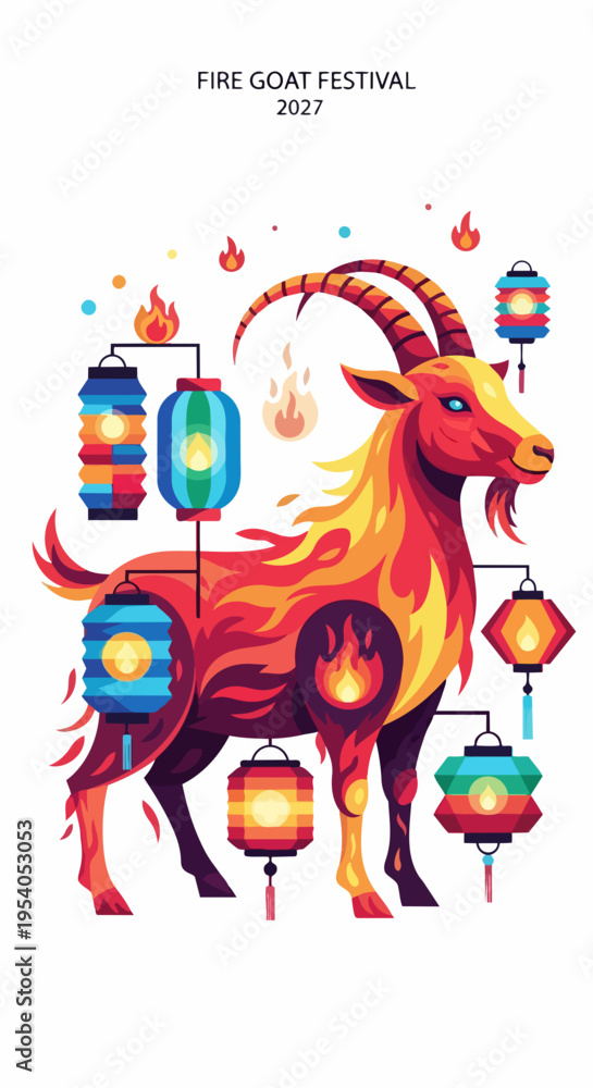 Fototapeta premium Stylized Fire Goat Festival illustration features burning ram figure, ornate traditional lanterns. Vibrant Fire Goat Festival artwork showcases fiery fur texture, glowing Asian lamps, symbolic flames.