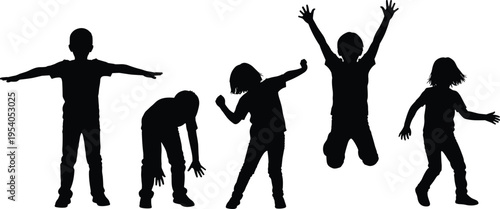 Black silhouettes of happy diverse children jumping, playing, and stretching in playful poses isolated on white background for childhood concept