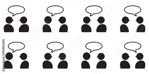 Simple People Talking Icons - Minimalist Silhouette Figures with Speech Bubbles for Communication Design