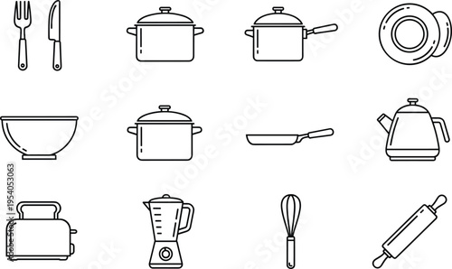 Line Art Kitchen Utensils and Cookware Icon Set Featuring Pots Pans Blender Toaster Whisk Rolling Pin and Dinnerware for Culinary Design