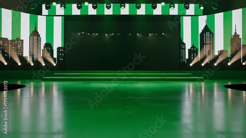 Stage with green light and cityscape background for presentations