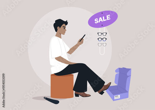 Excitement fills the air as a person tries on stylish shoes at a trendy boutique fitting room