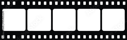 Black film strip frame with five empty frames, blank 35mm cinema movie negative vector illustration isolated on white background.