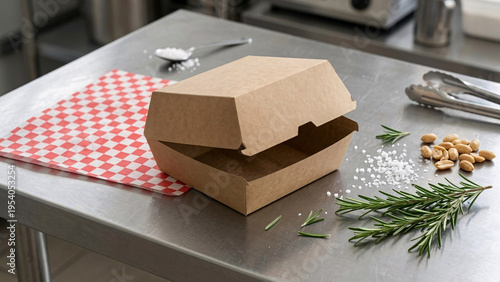 Blank kraft brown paper clamshell burger box mockup on steel table