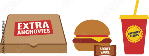 A fast food meal featuring a pizza box with an anchovy label, a cheeseburger, and a drink cup is displayed.