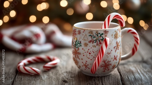 Festive Christmas candy canes in a snowflake patterned mug with warm holiday bokeh lights