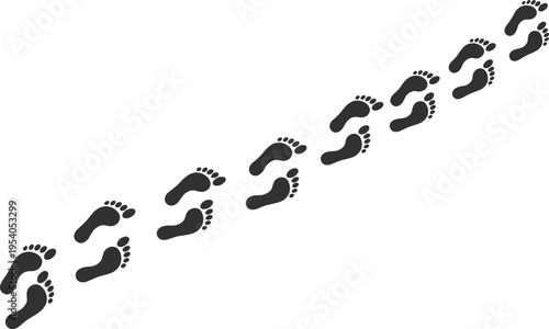 Black human footprints walking diagonally, bare feet trails, steps path, journey symbol, movement tracks, vector illustration on white background,