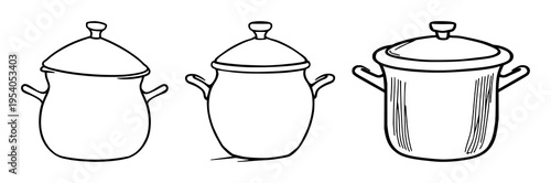 Cooking pot set with a simple silhouette design featuring a saucepan, lid, kitchenware with cookware and kitchen utensils