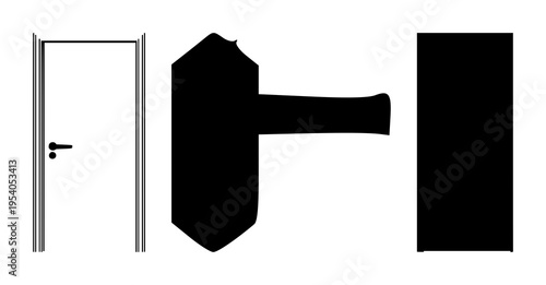 Door with handle silhouette set with minimalist design featuring entrance, portal, gateway with opening and closing