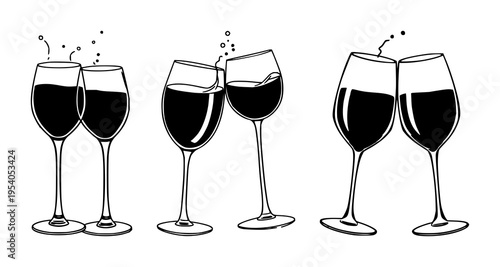 Wine glasses set with continuous one-line drawing of two glasses of red wine featuring toast, cheers splash, red wine with line art and editable stroke