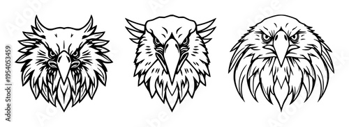 Eagle head set with symmetrical line art design featuring a predatory bird, modern bold style with white background and avian theme
