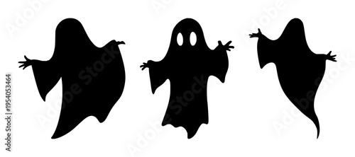 Halloween ghost set with spooky silhouettes featuring flying figures, cute characters, friendly spirits with smiling faces and waving hands