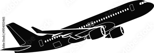 Black silhouette of a commercial airplane taking off, modern passenger jet aircraft vector illustration isolated on a white background.