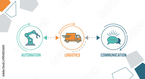 Automation, Logistics, and Communication Process Diagram with Truck Icon, Bright Studio.