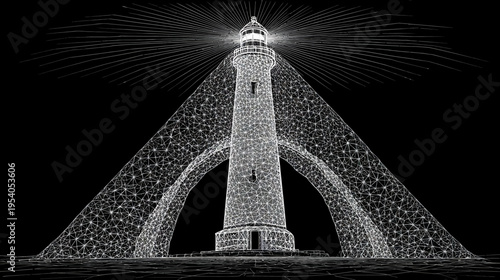A stark digital rendering depicts a lighthouse radiating light across a dark background