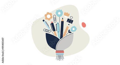 Bouquet made from office supplies pens pencils paper clips creative idea concept vector illustration stationery composition
