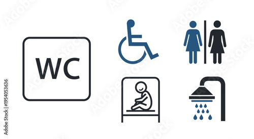 Silhouette Public Restroom, WC, and Accessibility Signs, Isolated White Background.