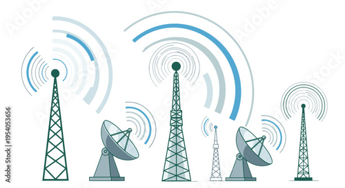 Wireless Communication Antennas and Satellite Dishes Transmitting Signals, Isolated White Background.