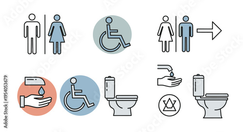 Colorful Public Restroom, Accessibility, and Hygiene Outline Icons, Isolated White Background.