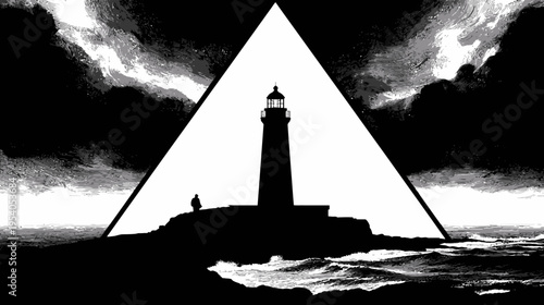 A lone figure stands near a lighthouse, framed within a triangle, against a stormy sky