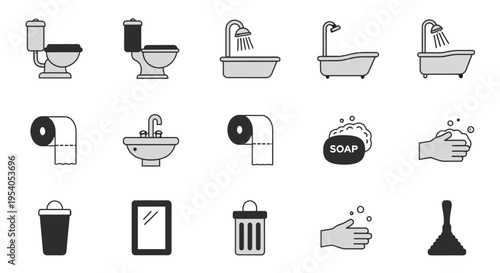 Set of Colorful Bathroom and Hygiene Outline Icons, Isolated White Background.