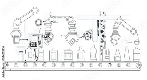 Automated Production Line Outline with Robotic Arms Handling Bottles on Conveyor Belt on Isolated White Background