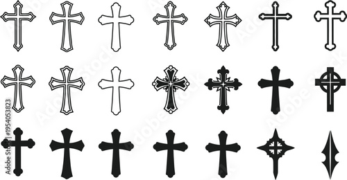 Christian cross icon collection, black silhouette religious symbols, catholic and orthodox decorative crucifix elements for spiritual and church design vector illustration.